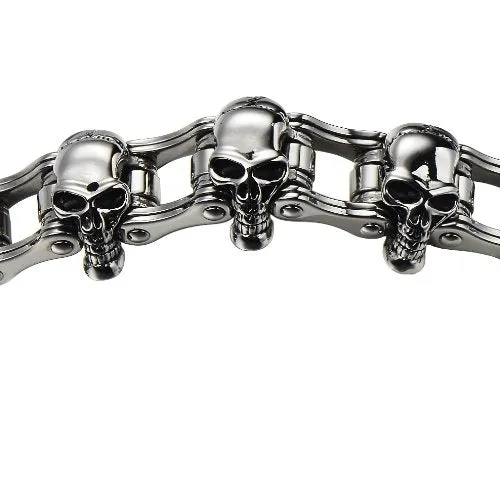 Heavy and Sturdy Bike Chain Skull Bracelet for Men, Stainless Steel in Silver Color, High Polished and Large, Perfect for Casual Wear or Biker-Themed Events