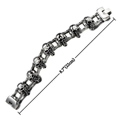 Heavy and Sturdy Bike Chain Skull Bracelet for Men, Stainless Steel in Silver Color, High Polished and Large, Perfect for Casual Wear or Biker-Themed Events