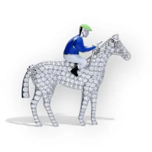 Horse And Jockey Pave-Set Sterling Silver Enamel Brooch
