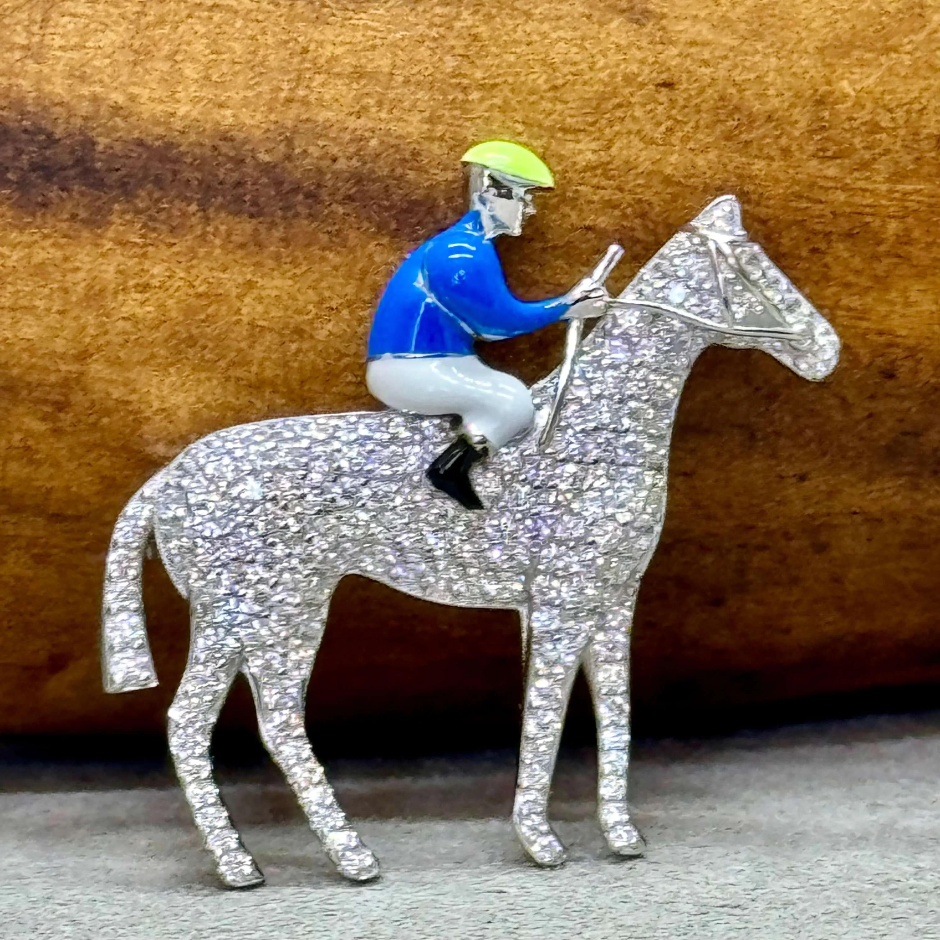 Horse And Jockey Pave-Set Sterling Silver Enamel Brooch