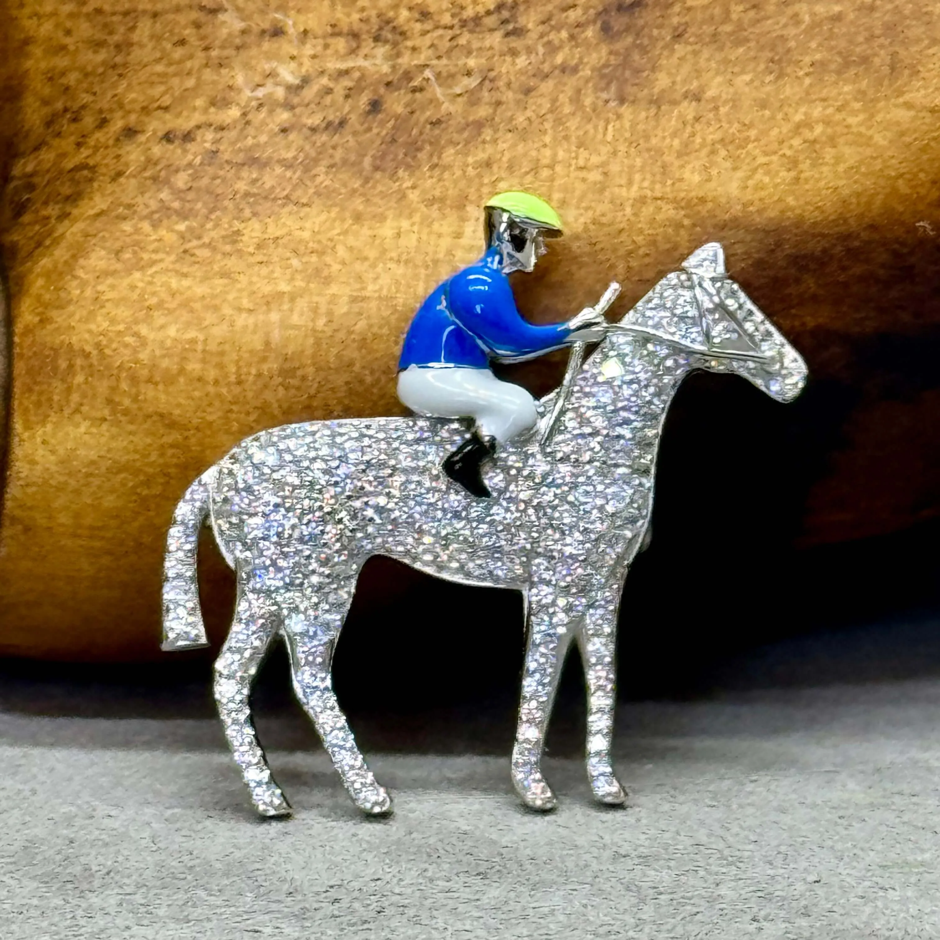 Horse And Jockey Pave-Set Sterling Silver Enamel Brooch