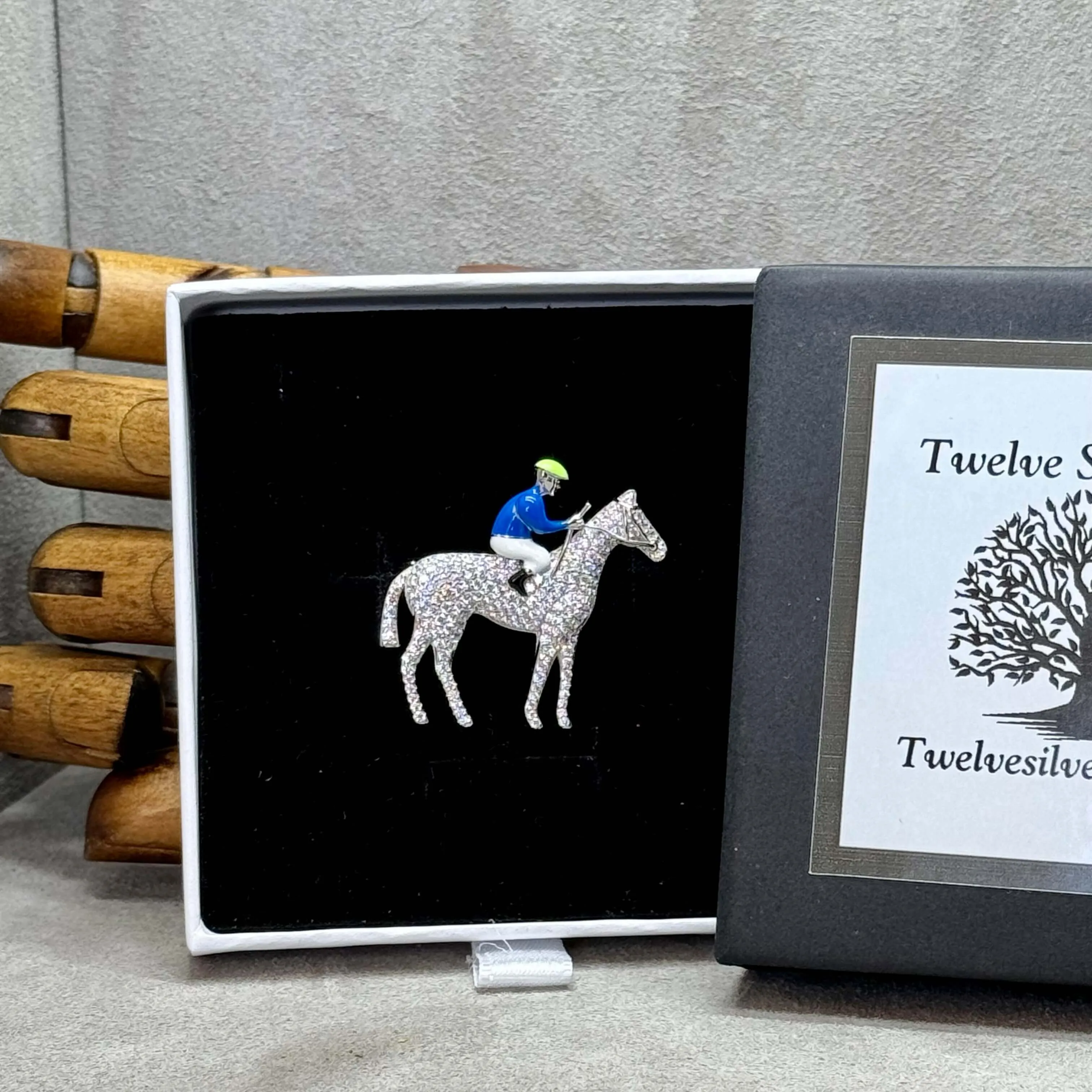 Horse And Jockey Pave-Set Sterling Silver Enamel Brooch