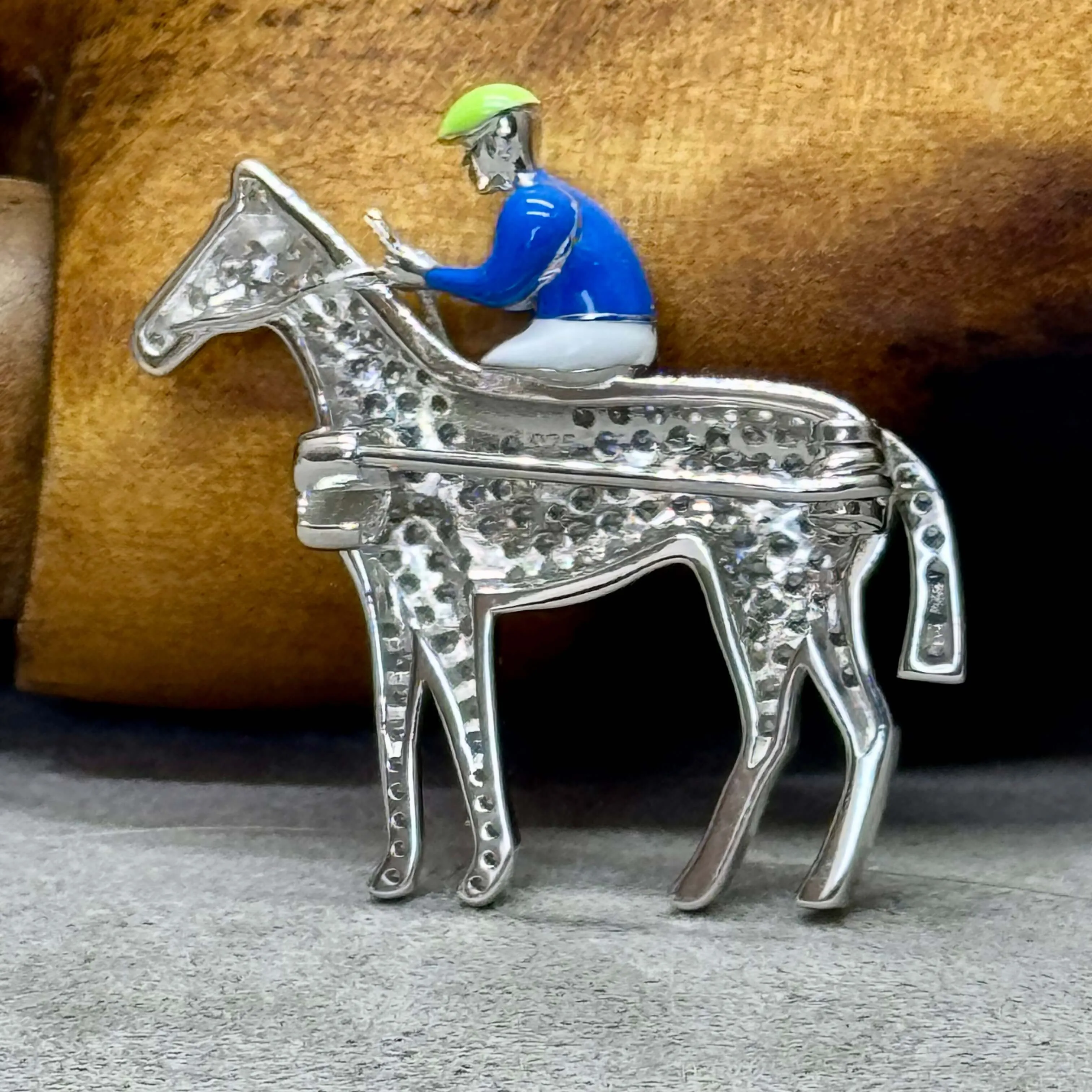 Horse And Jockey Pave-Set Sterling Silver Enamel Brooch