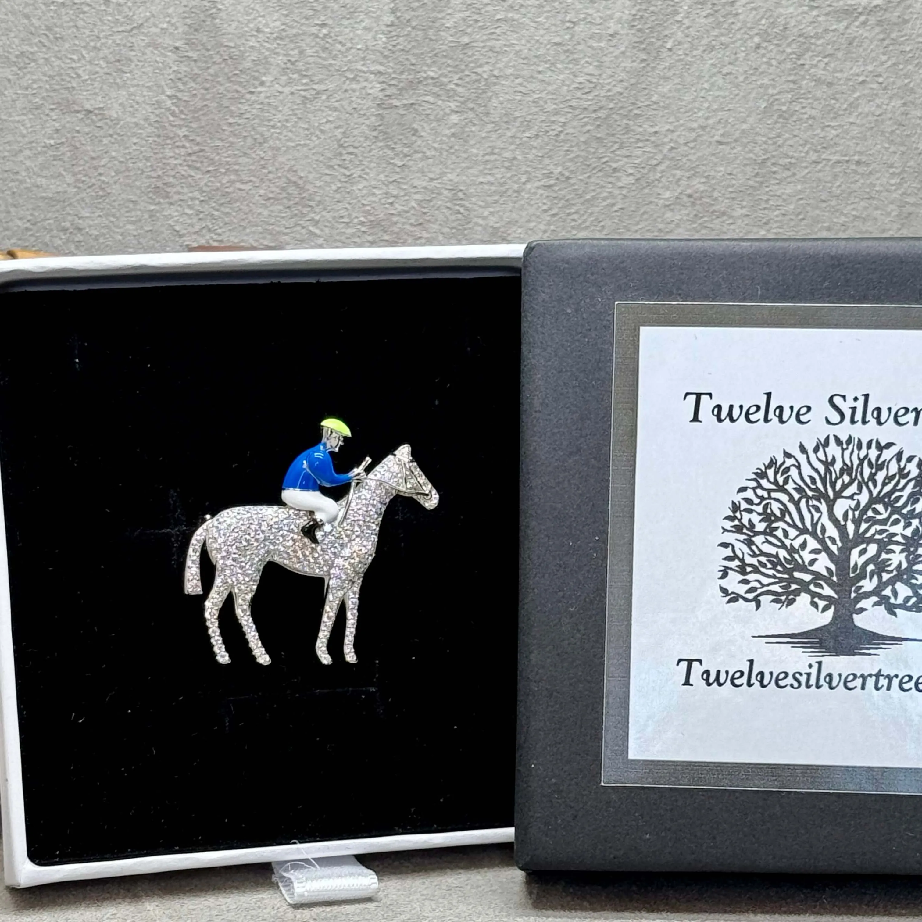 Horse And Jockey Pave-Set Sterling Silver Enamel Brooch
