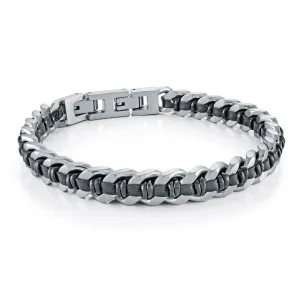 Italgem Men's 8mm Steel Curb Link Black Leather Bracelet