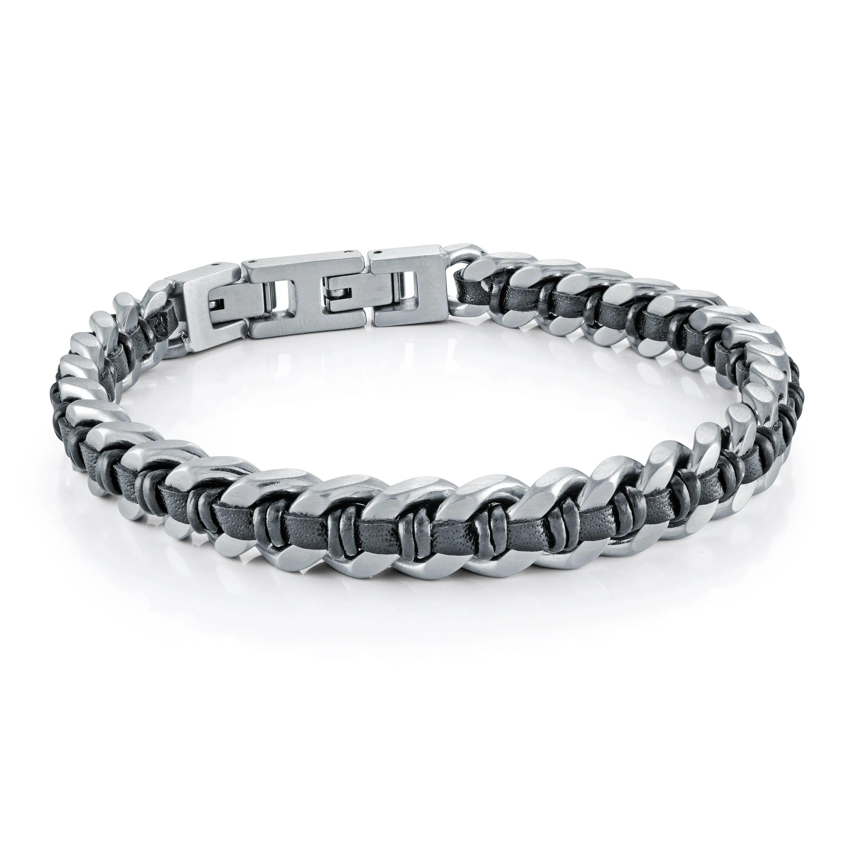 Italgem Men's 8mm Steel Curb Link Black Leather Bracelet