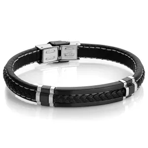Italgem Men's 8" Steel Black Leather Bracelet