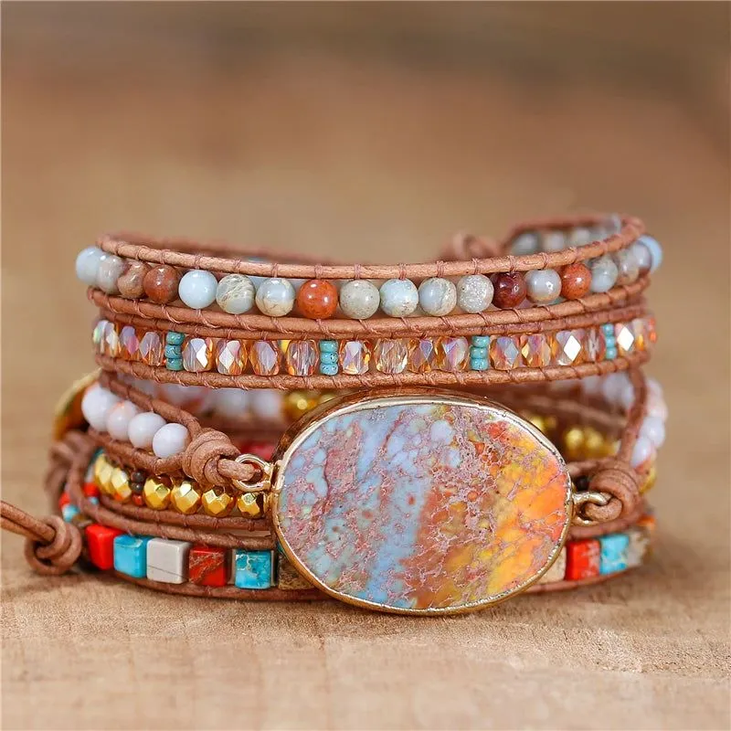 Jasper Blue Orange 5 Wraps Bracelet