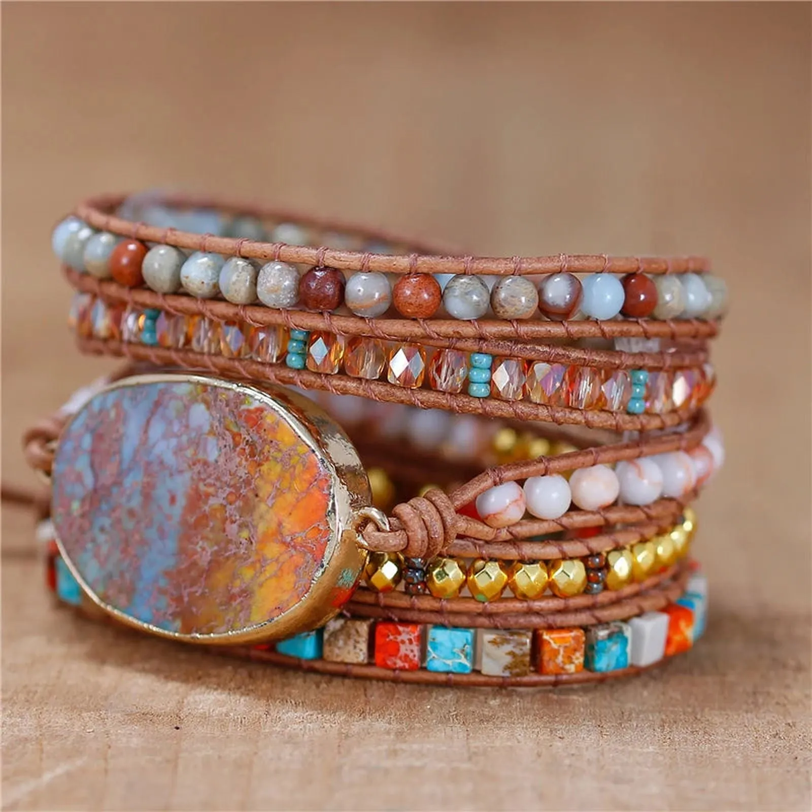 Jasper Blue Orange 5 Wraps Bracelet