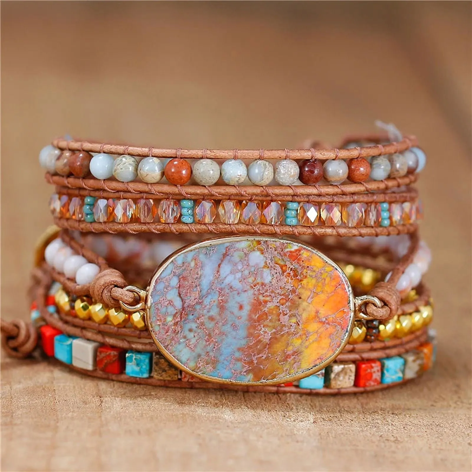 Jasper Blue Orange 5 Wraps Bracelet