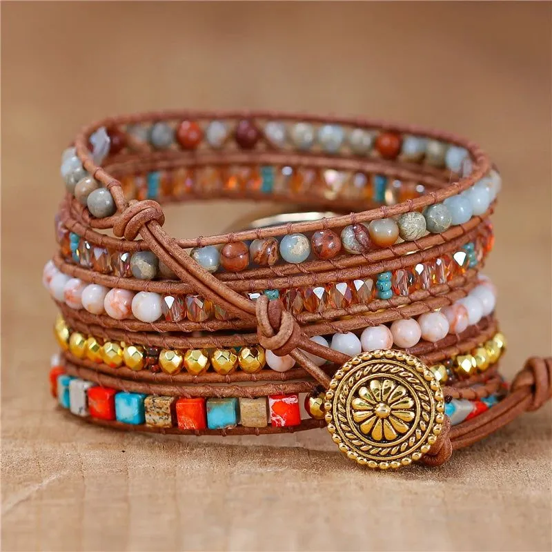 Jasper Blue Orange 5 Wraps Bracelet