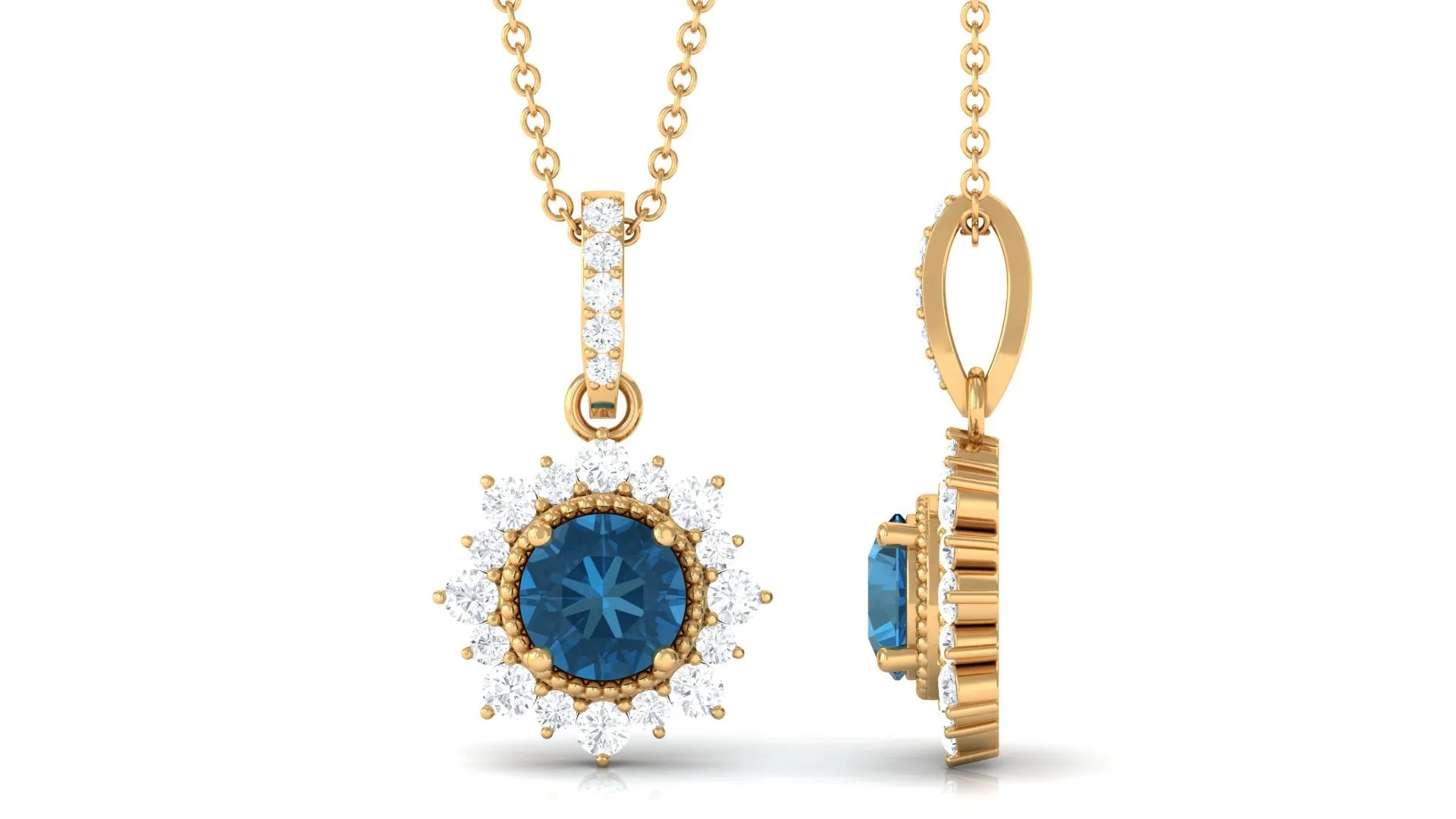 London Blue Topaz Pendant Necklace with Diamond Halo
