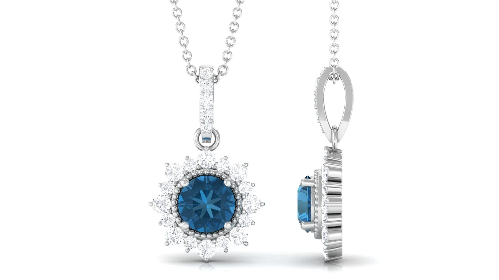 London Blue Topaz Pendant Necklace with Diamond Halo