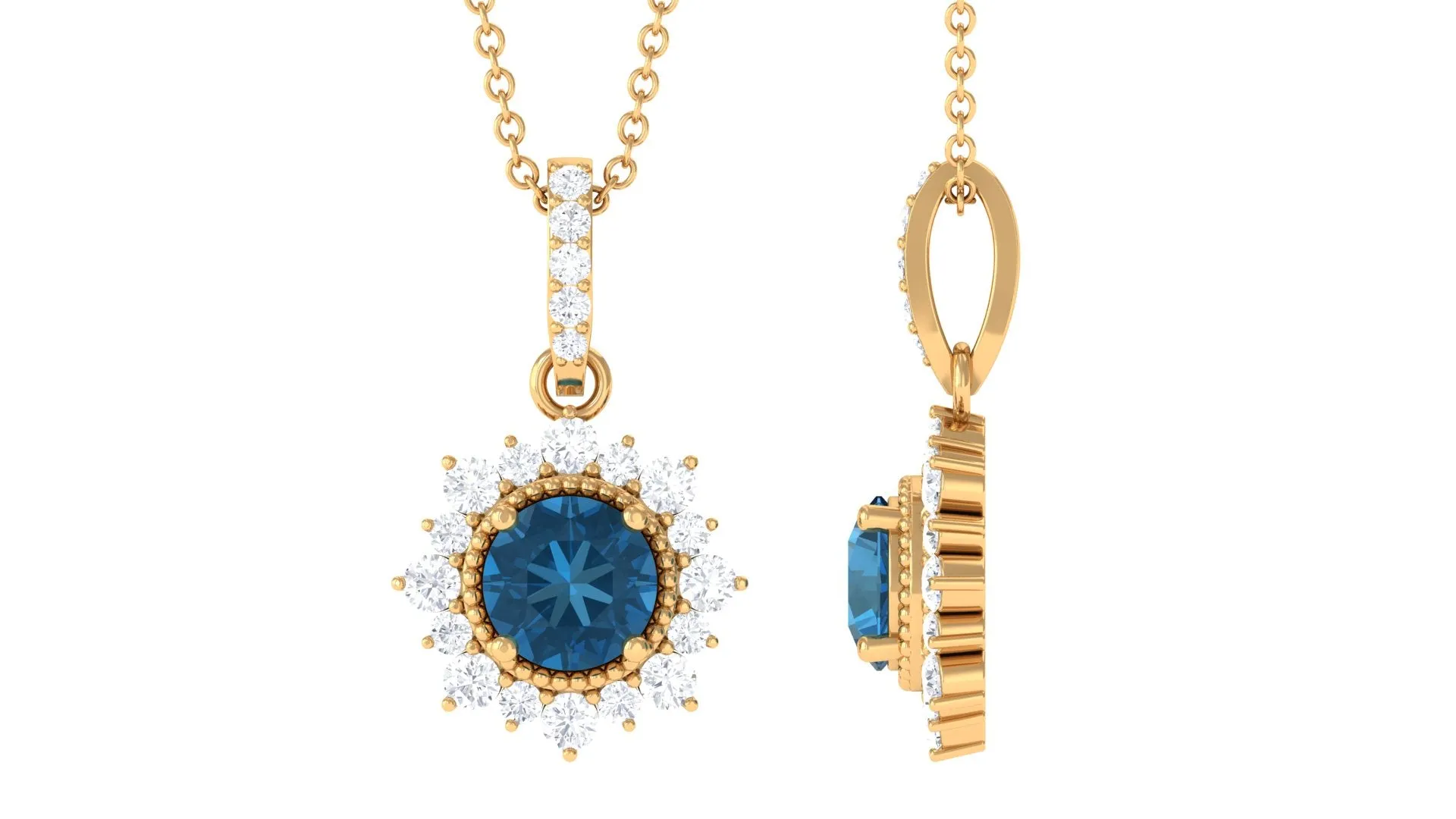London Blue Topaz Pendant Necklace with Diamond Halo