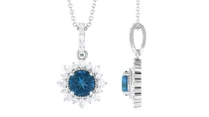 London Blue Topaz Pendant Necklace with Diamond Halo