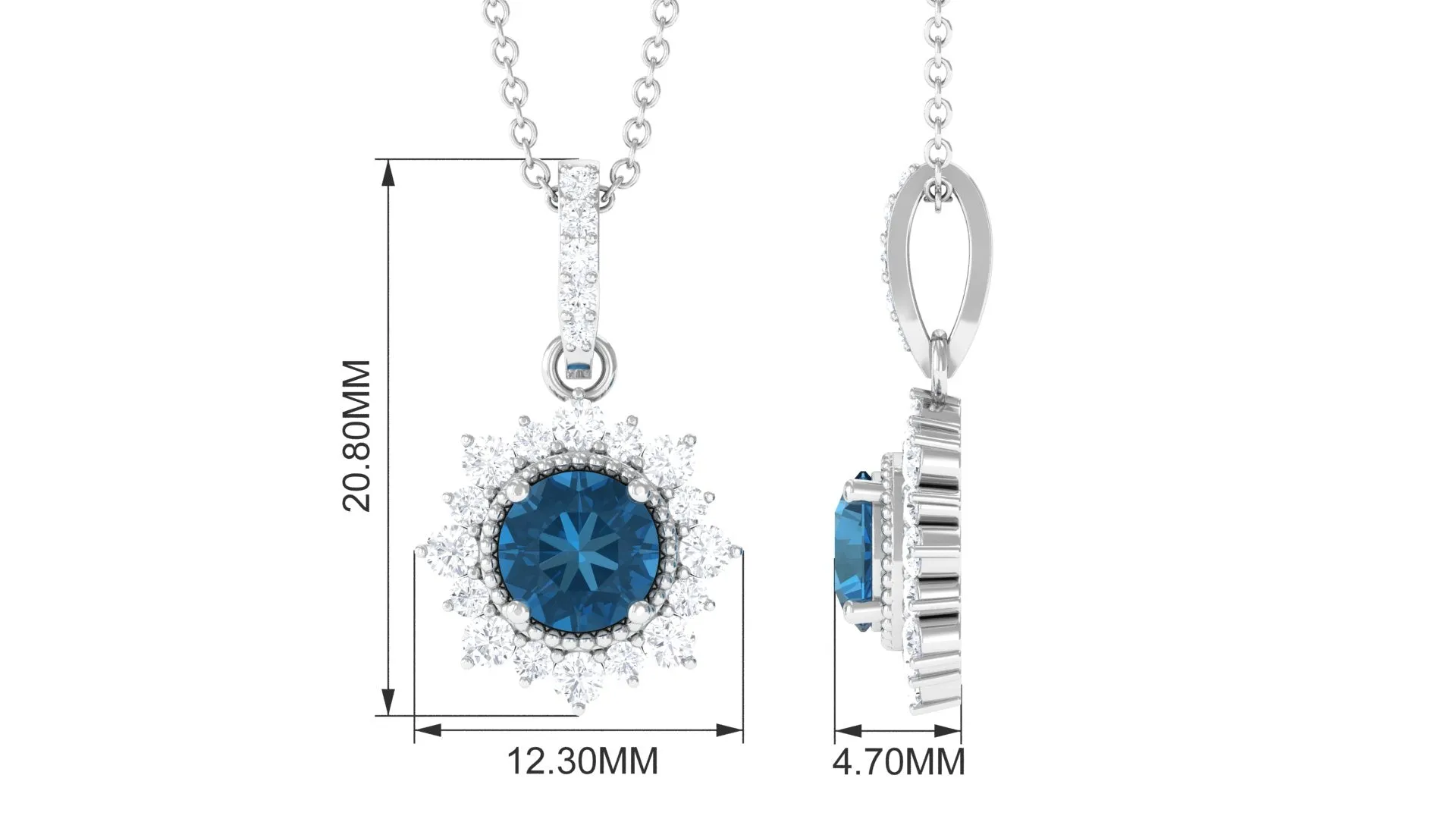 London Blue Topaz Pendant Necklace with Diamond Halo