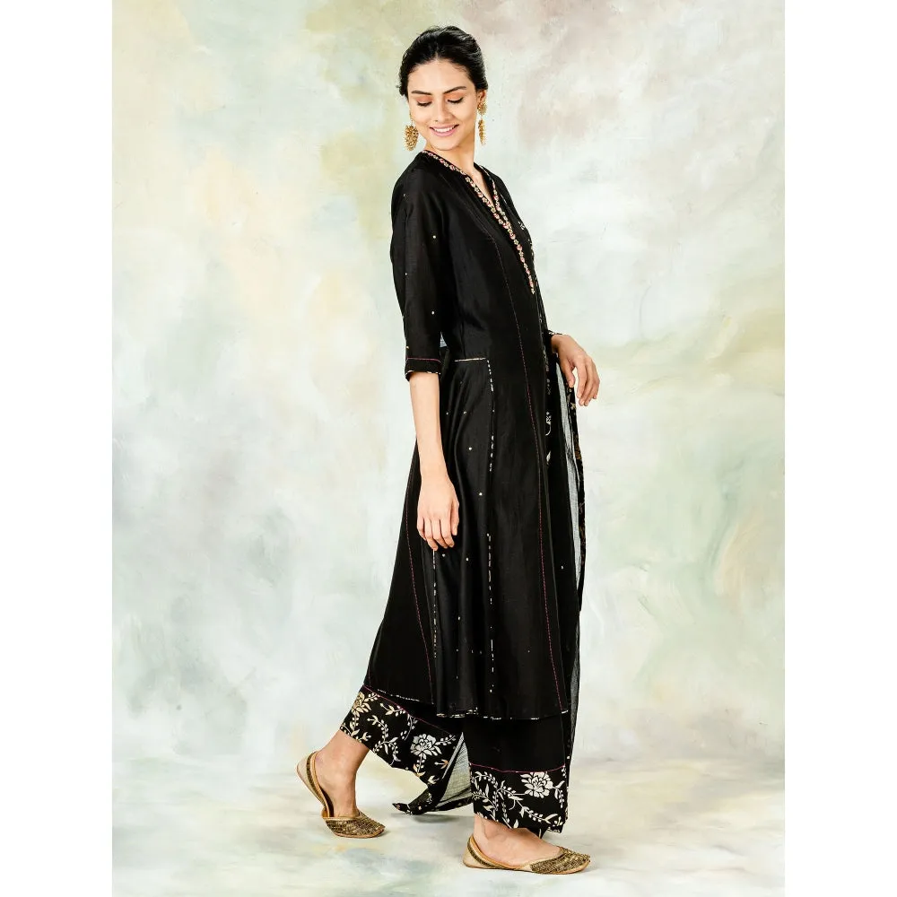 Mandira Wirk Embellished Kurta With Black Palazzo And Hand Embroidered Dupatta (Set of 3)