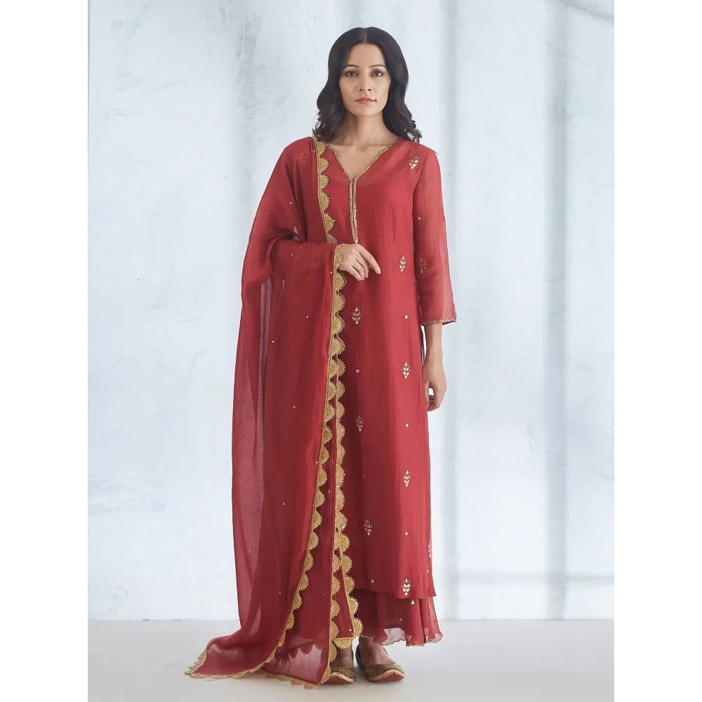 Mandira Wirk Wine Gota Embroidered Kurta Embellished Circular Palazzo & Dupatta (Set of 3)