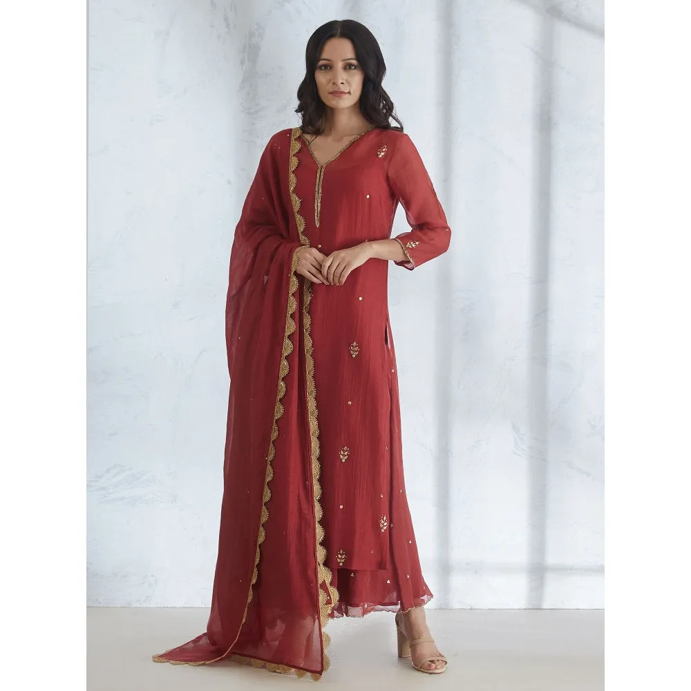 Mandira Wirk Wine Gota Embroidered Kurta Embellished Circular Palazzo & Dupatta (Set of 3)