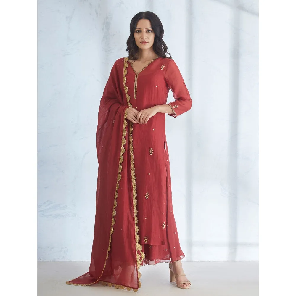 Mandira Wirk Wine Gota Embroidered Kurta Embellished Circular Palazzo & Dupatta (Set of 3)