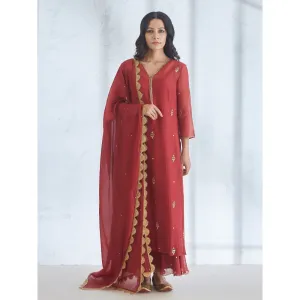 Mandira Wirk Wine Gota Embroidered Kurta Embellished Circular Palazzo & Dupatta (Set of 3)