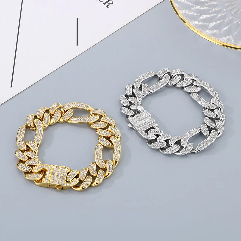 Men's Hip-hop Rhinestone Cuban Chain Jewelry Set - Stainless Steel Necklace & Bracelet for Cross-border Fashion