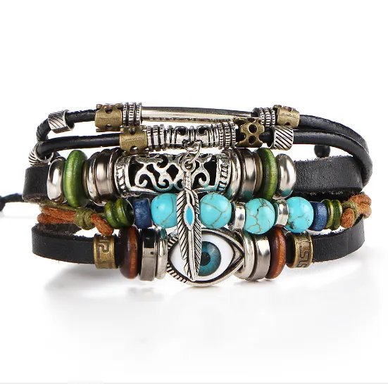 New Blue Eye Bracelet Beaded Multilayer Cowhide Bracelet Carved Bracelet