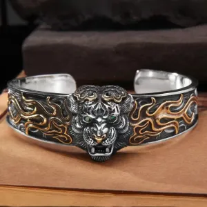 New Fashion Vintage Silver Plated Tiger Bracelet Men\\'s Open Bangles Domineering Street Rider Rock Party Jewelry Gift