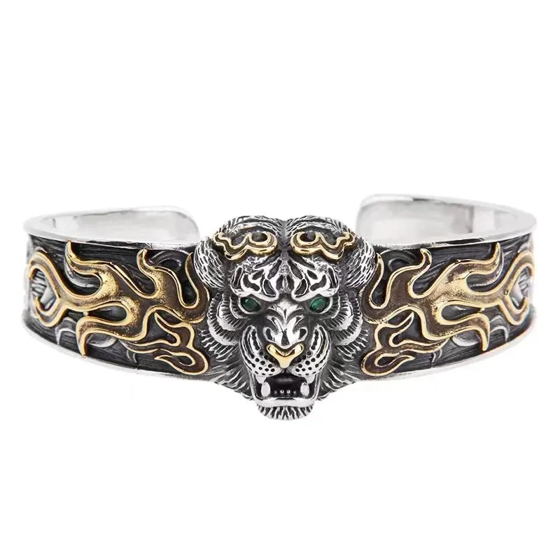 New Fashion Vintage Silver Plated Tiger Bracelet Men\\'s Open Bangles Domineering Street Rider Rock Party Jewelry Gift