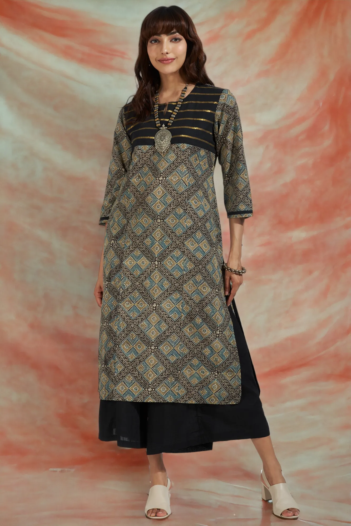 patchwork long kurta - starry night & golden twilight