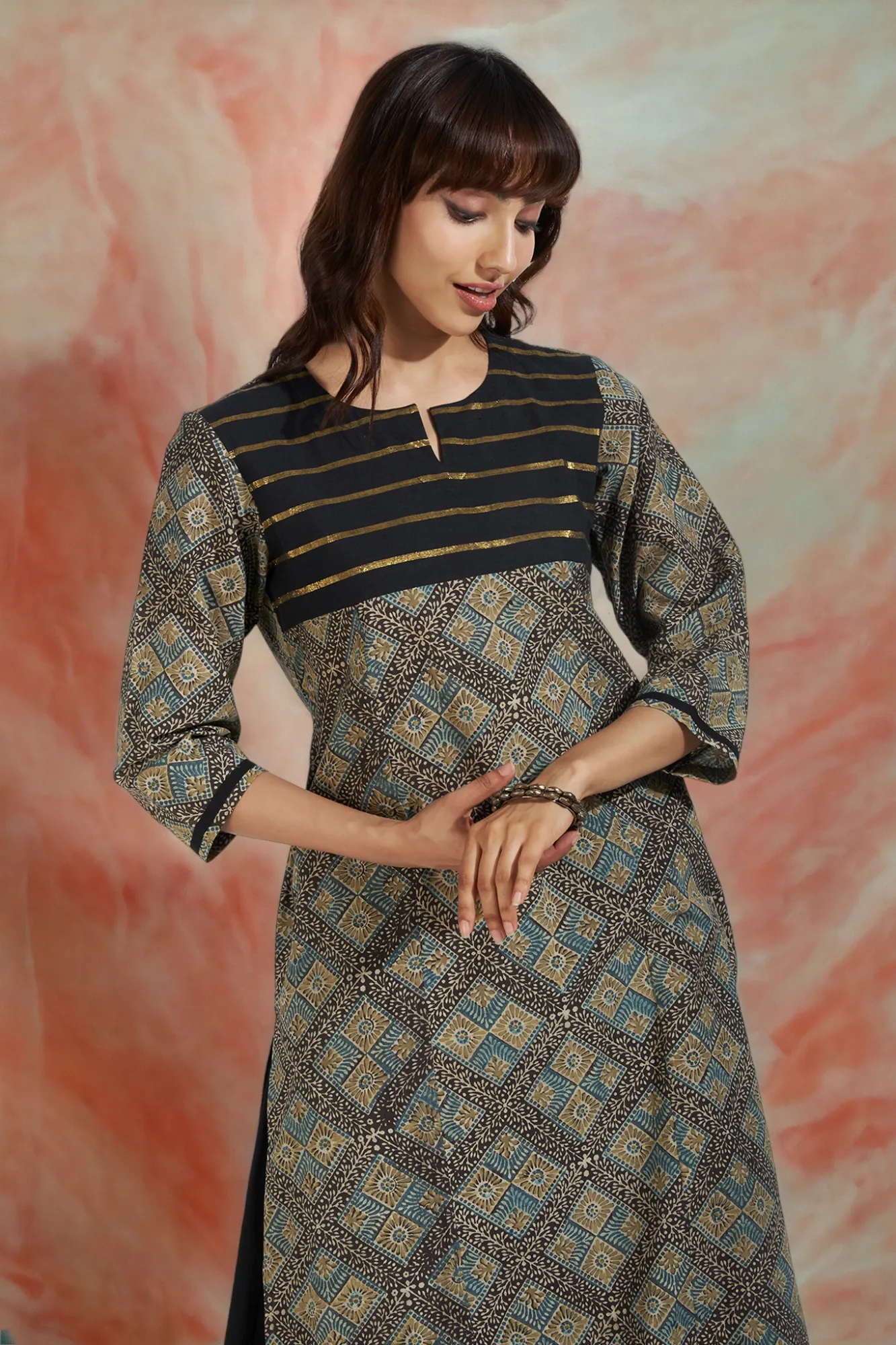 patchwork long kurta - starry night & golden twilight