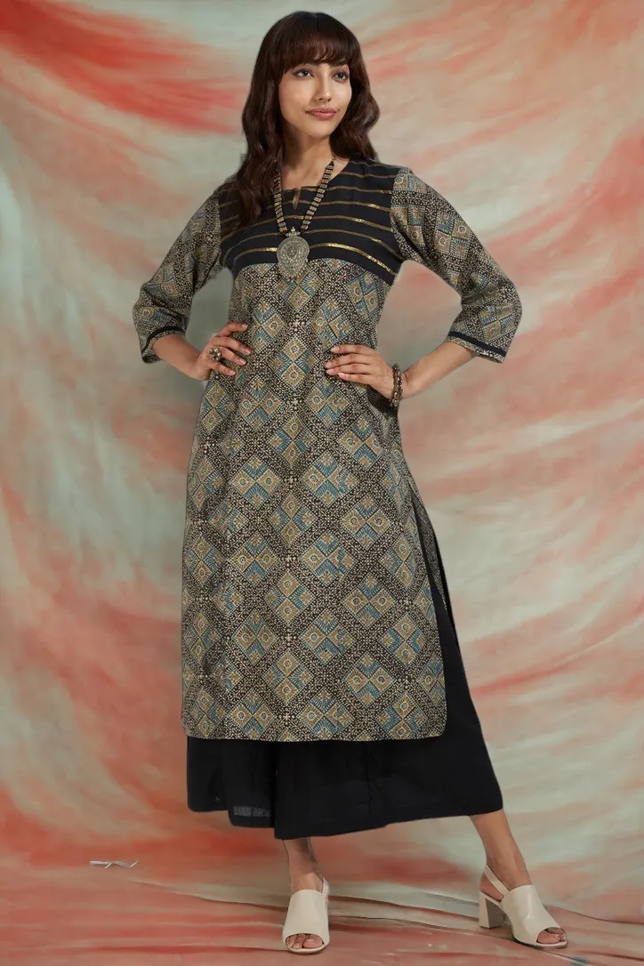 patchwork long kurta - starry night & golden twilight