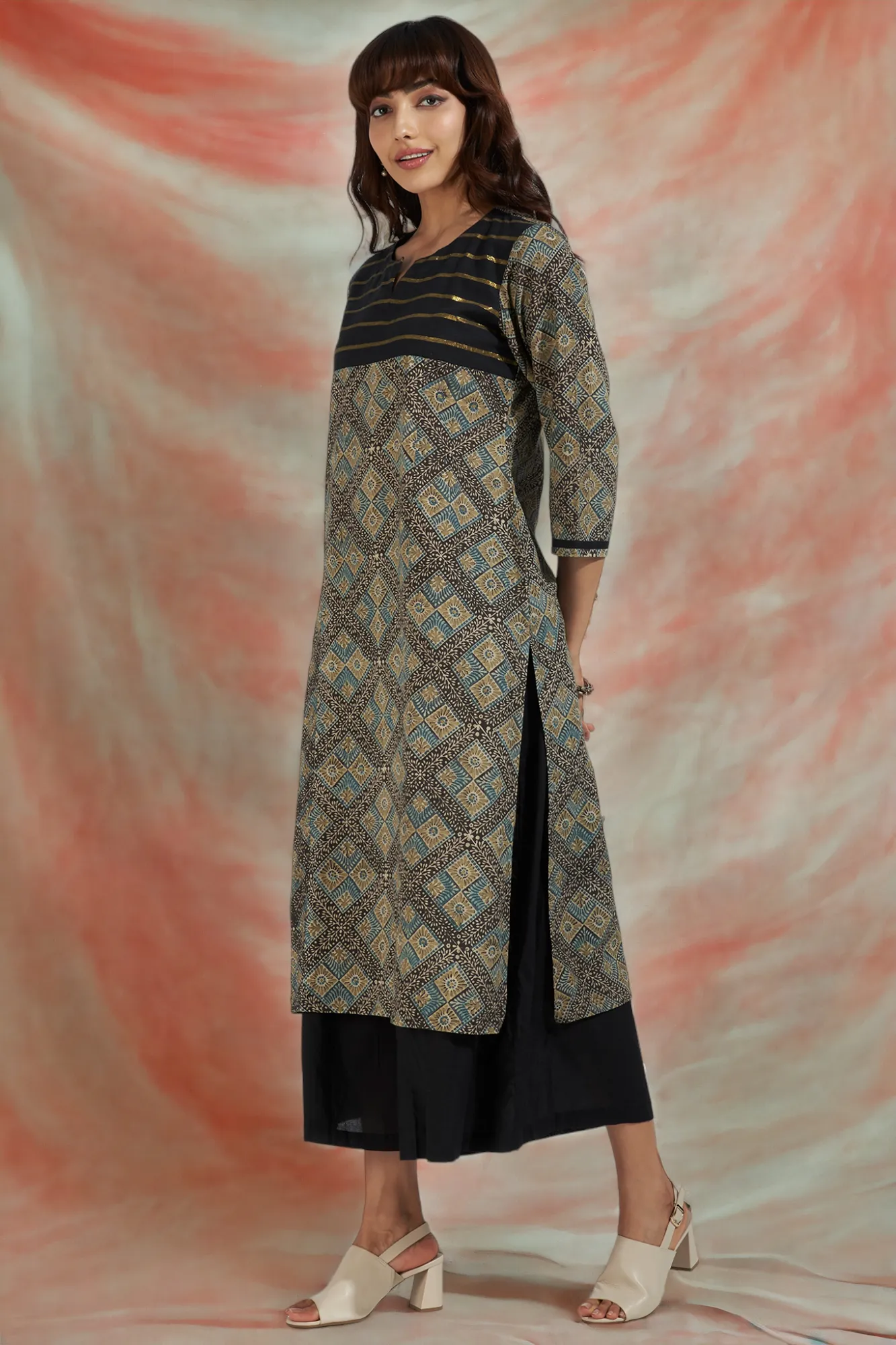 patchwork long kurta - starry night & golden twilight