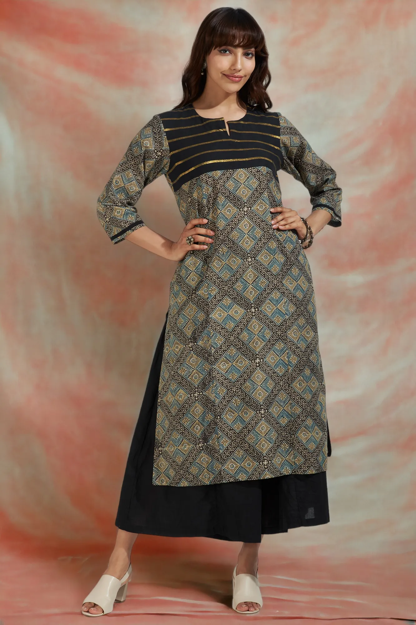 patchwork long kurta - starry night & golden twilight