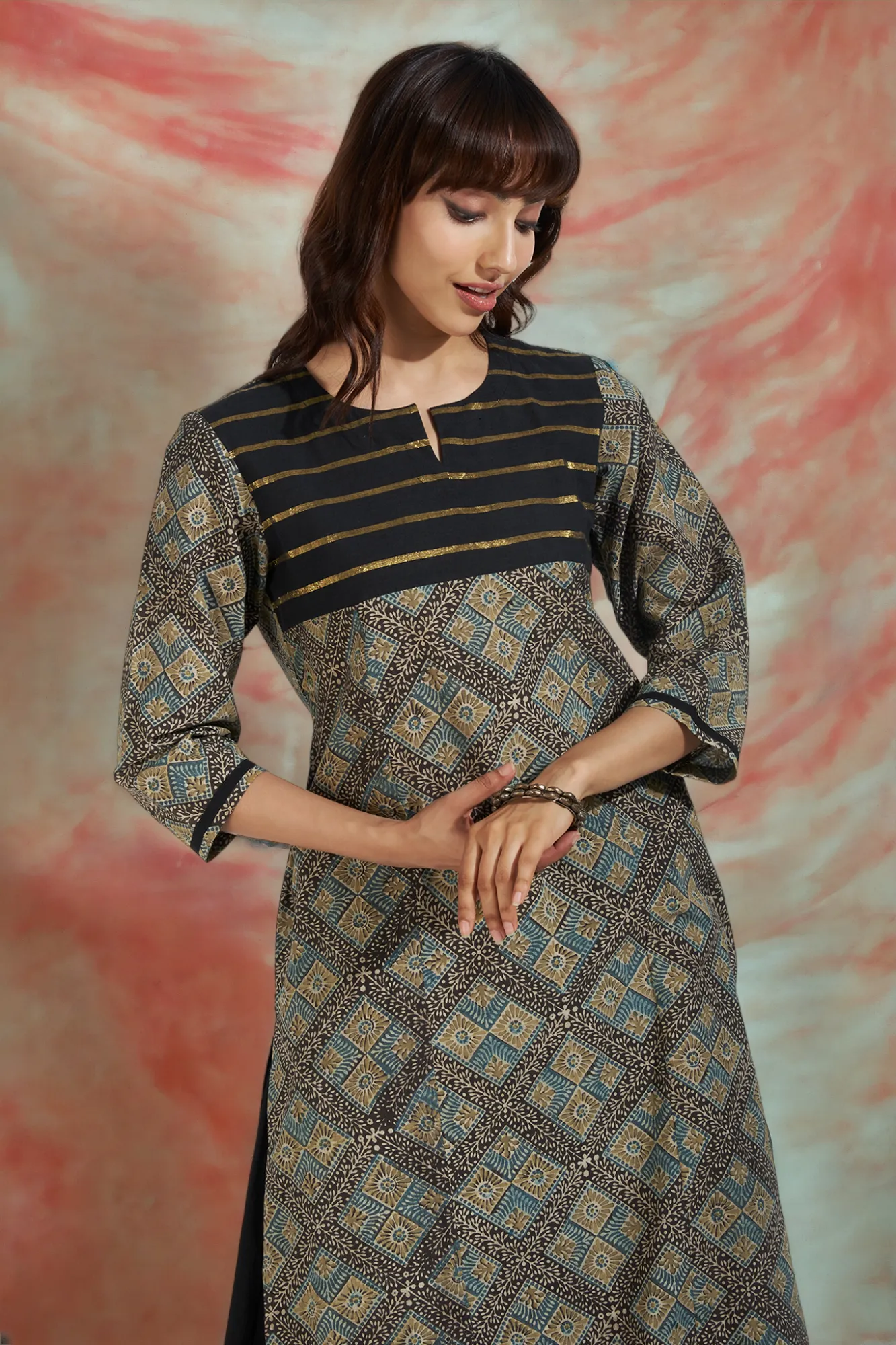 patchwork long kurta - starry night & golden twilight