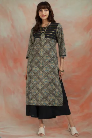 patchwork long kurta - starry night & golden twilight