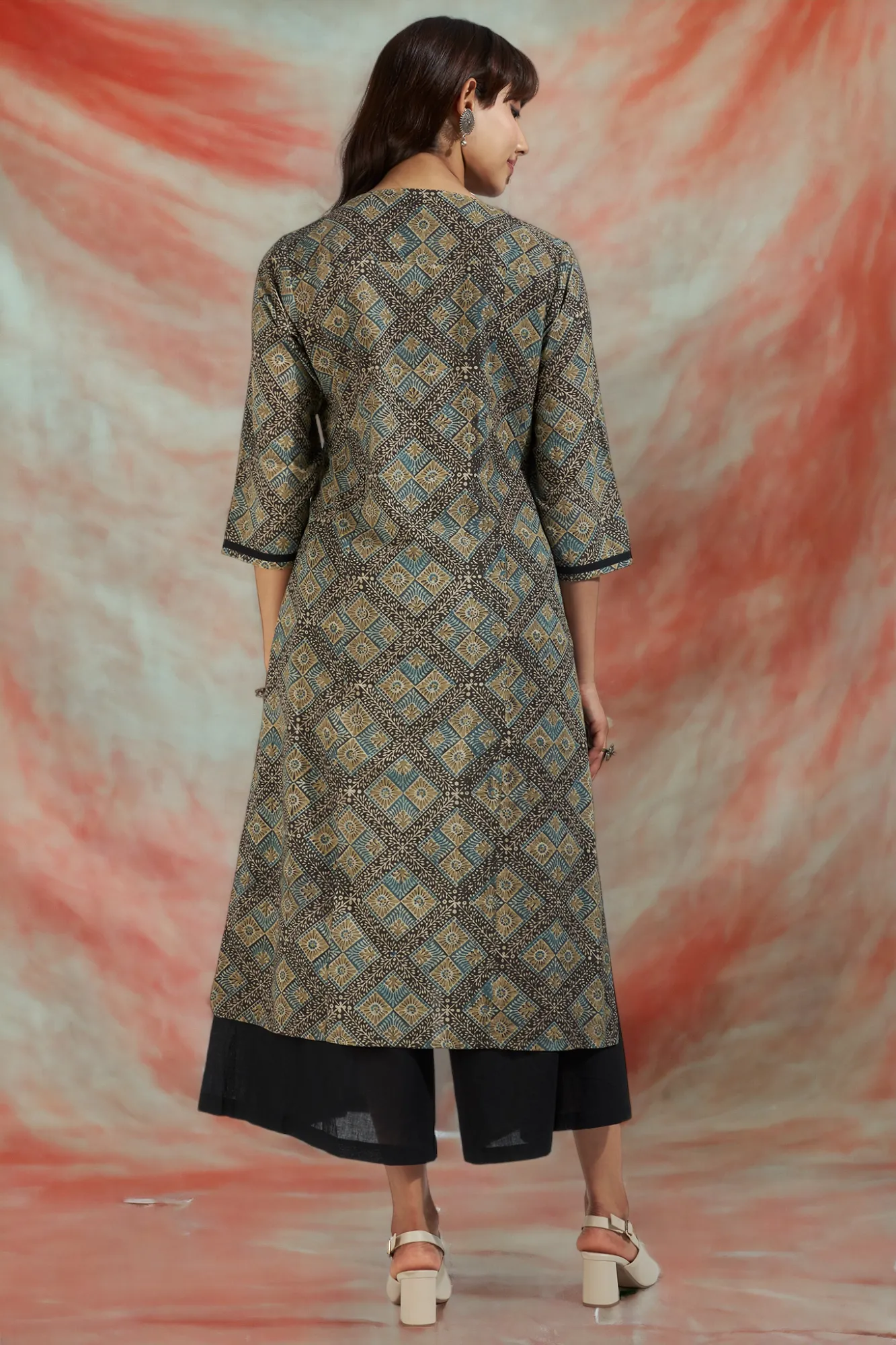 patchwork long kurta - starry night & golden twilight