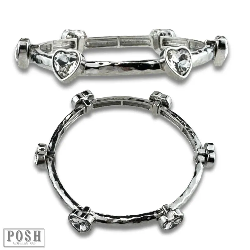 Posh Jewelry Co. Rhinestone Heart Stretch Cuff Bracelet In Gold Or Silver