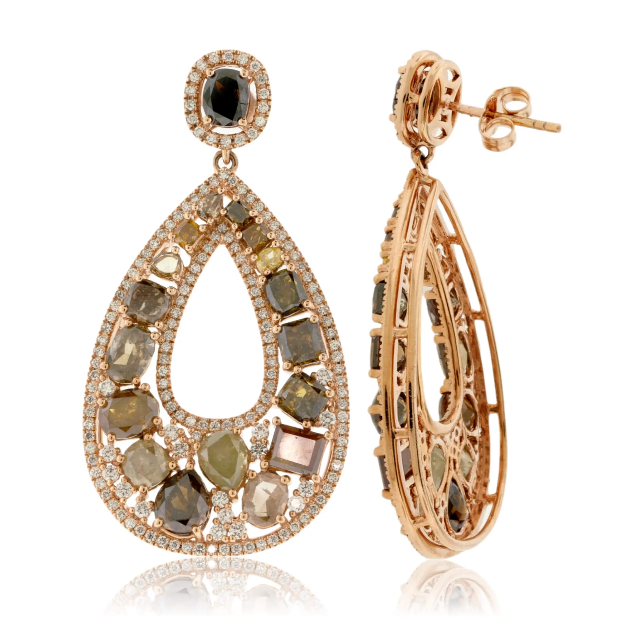 Rose Gold Rustic Diamond and Diamond Dangle Earrings