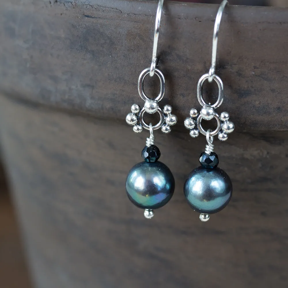 Short Black Pearl Earrings, Natural Peacock Black Freshwater Pearl Silver Dangle