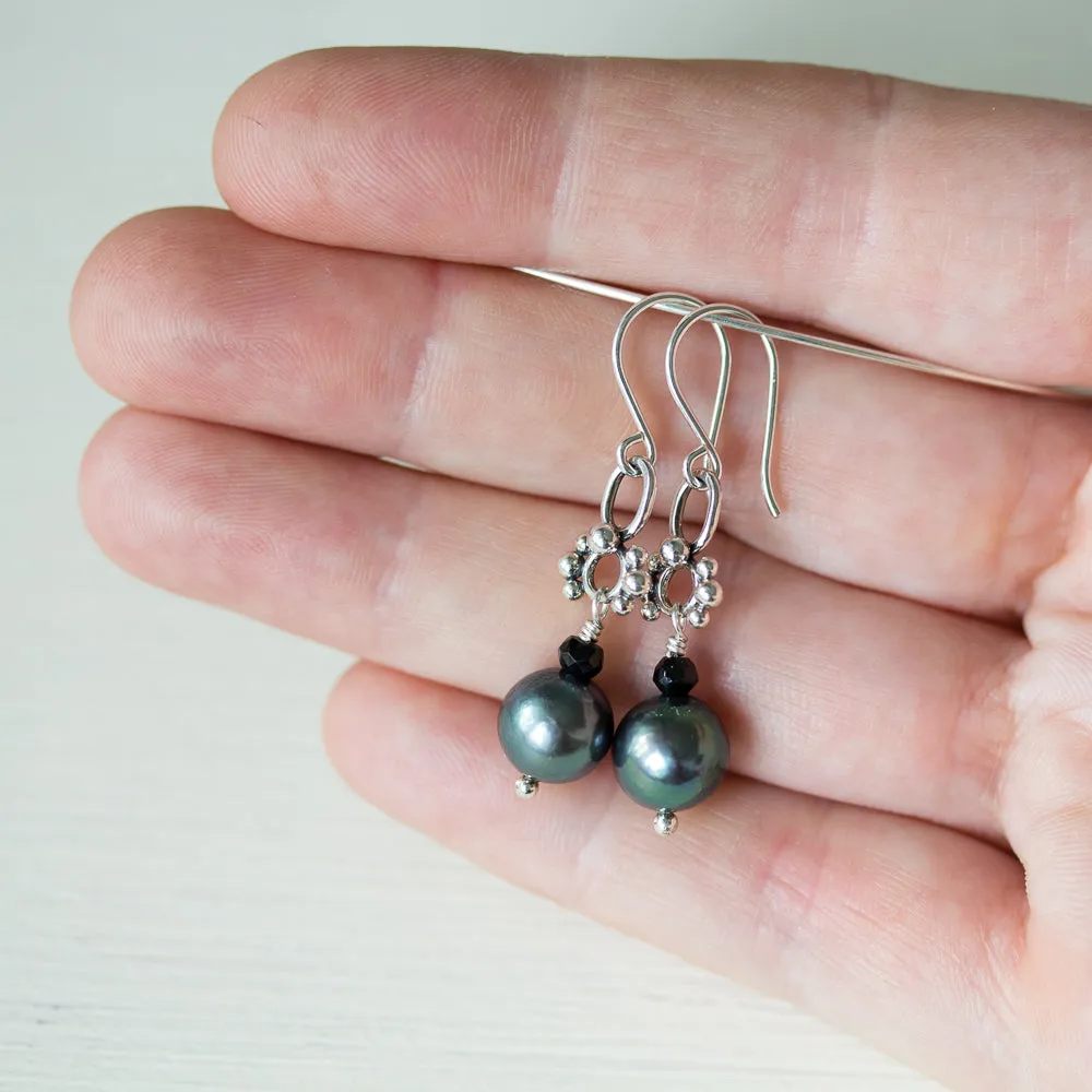 Short Black Pearl Earrings, Natural Peacock Black Freshwater Pearl Silver Dangle