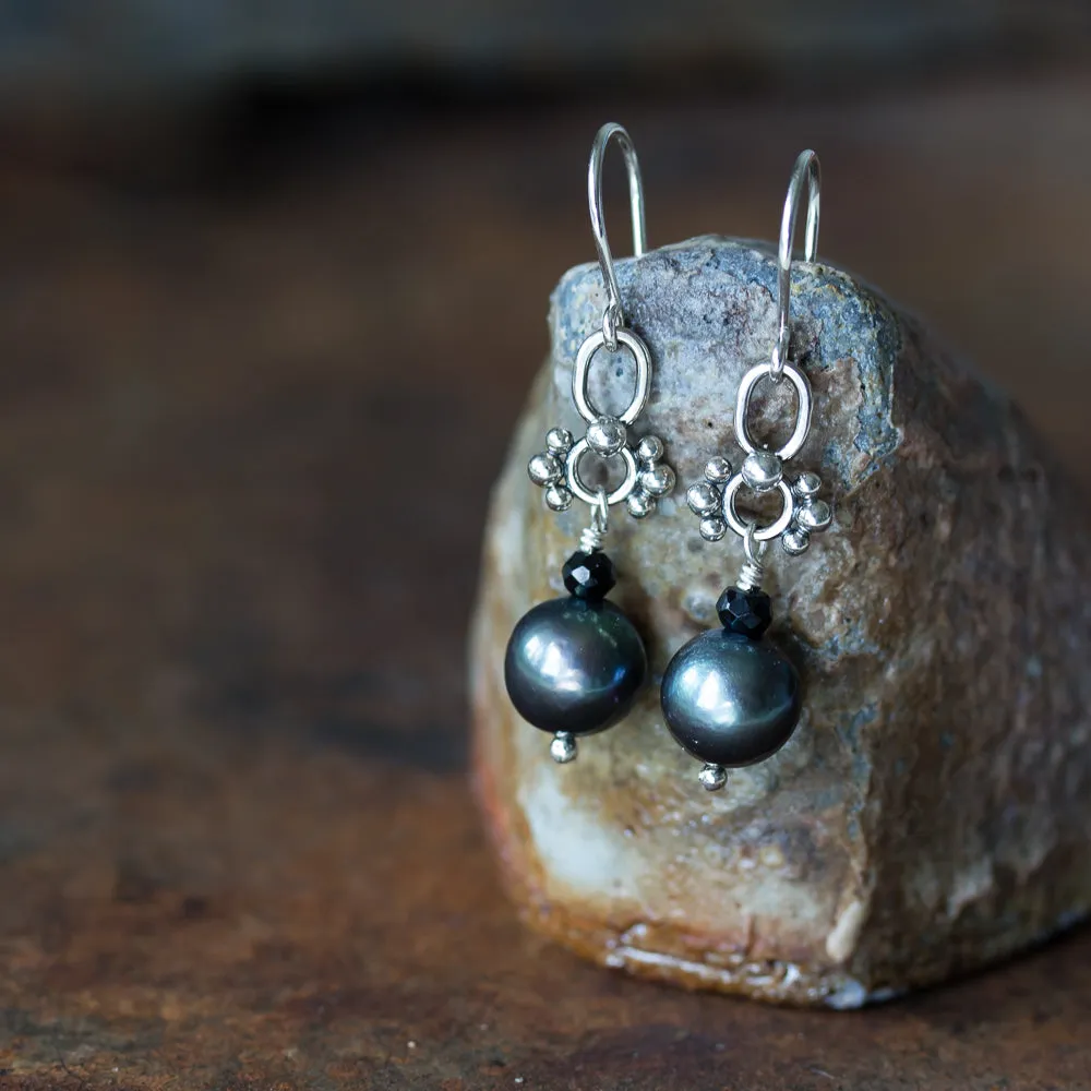 Short Black Pearl Earrings, Natural Peacock Black Freshwater Pearl Silver Dangle