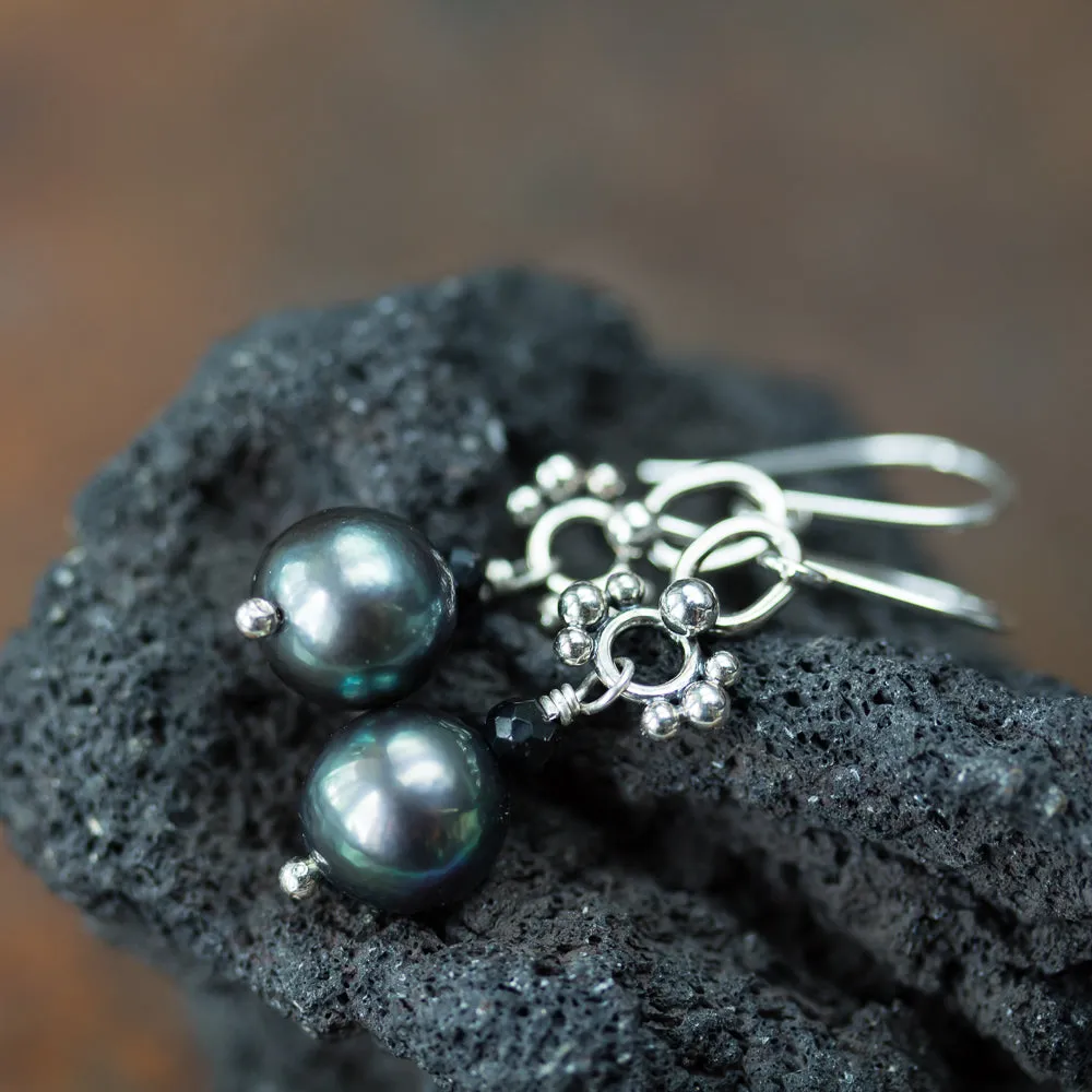 Short Black Pearl Earrings, Natural Peacock Black Freshwater Pearl Silver Dangle