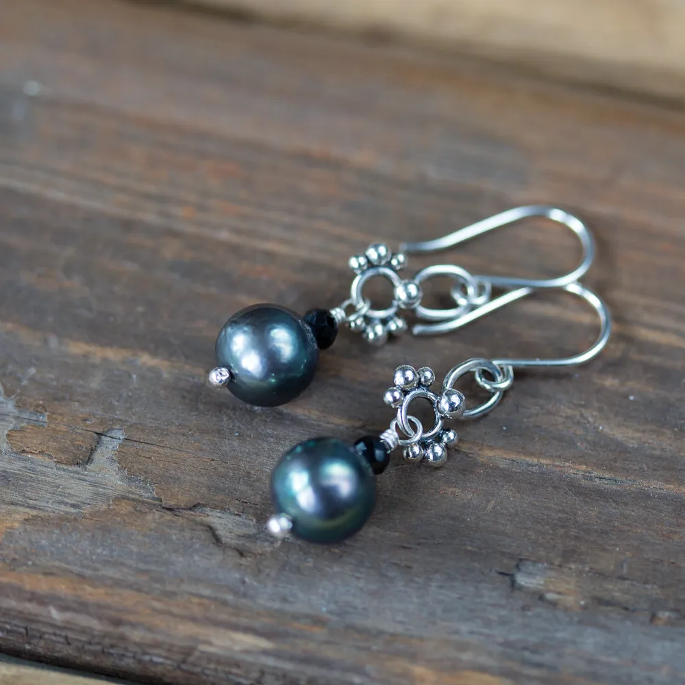 Short Black Pearl Earrings, Natural Peacock Black Freshwater Pearl Silver Dangle