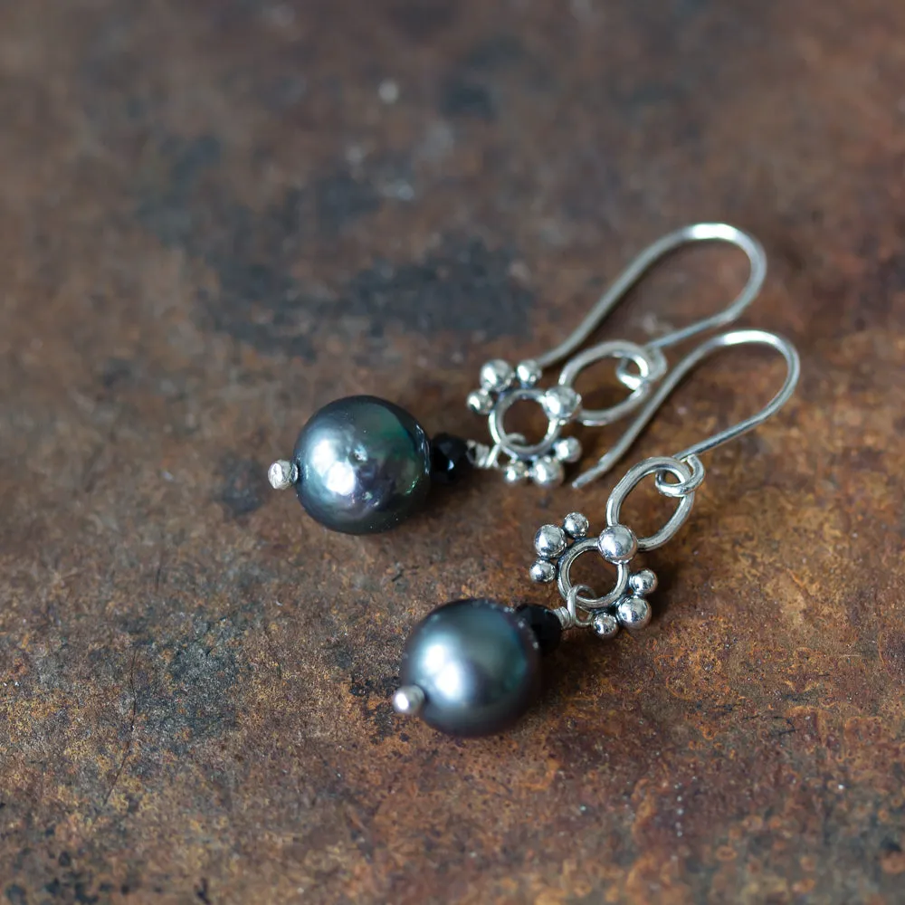 Short Black Pearl Earrings, Natural Peacock Black Freshwater Pearl Silver Dangle