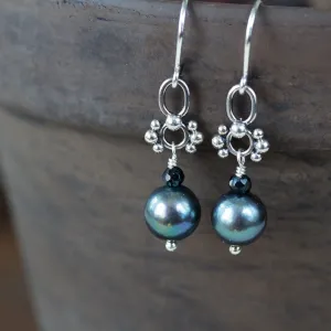 Short Black Pearl Earrings, Natural Peacock Black Freshwater Pearl Silver Dangle