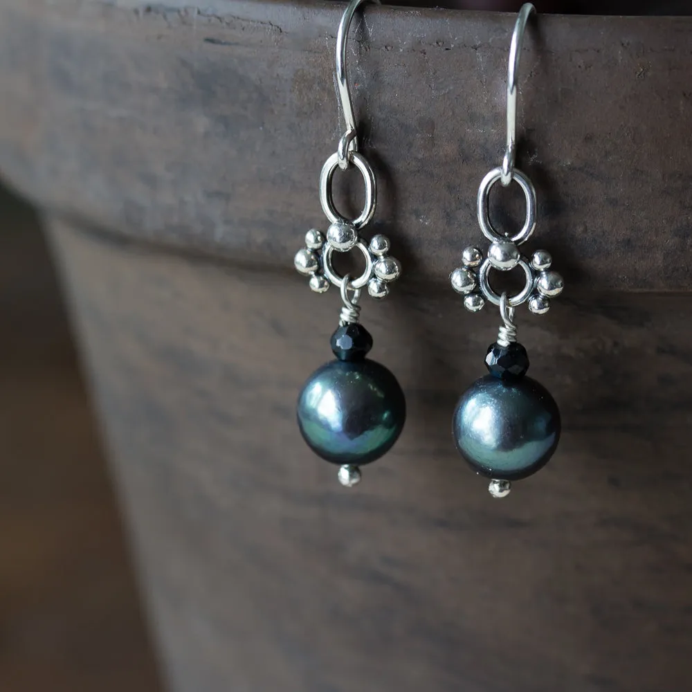 Short Black Pearl Earrings, Natural Peacock Black Freshwater Pearl Silver Dangle