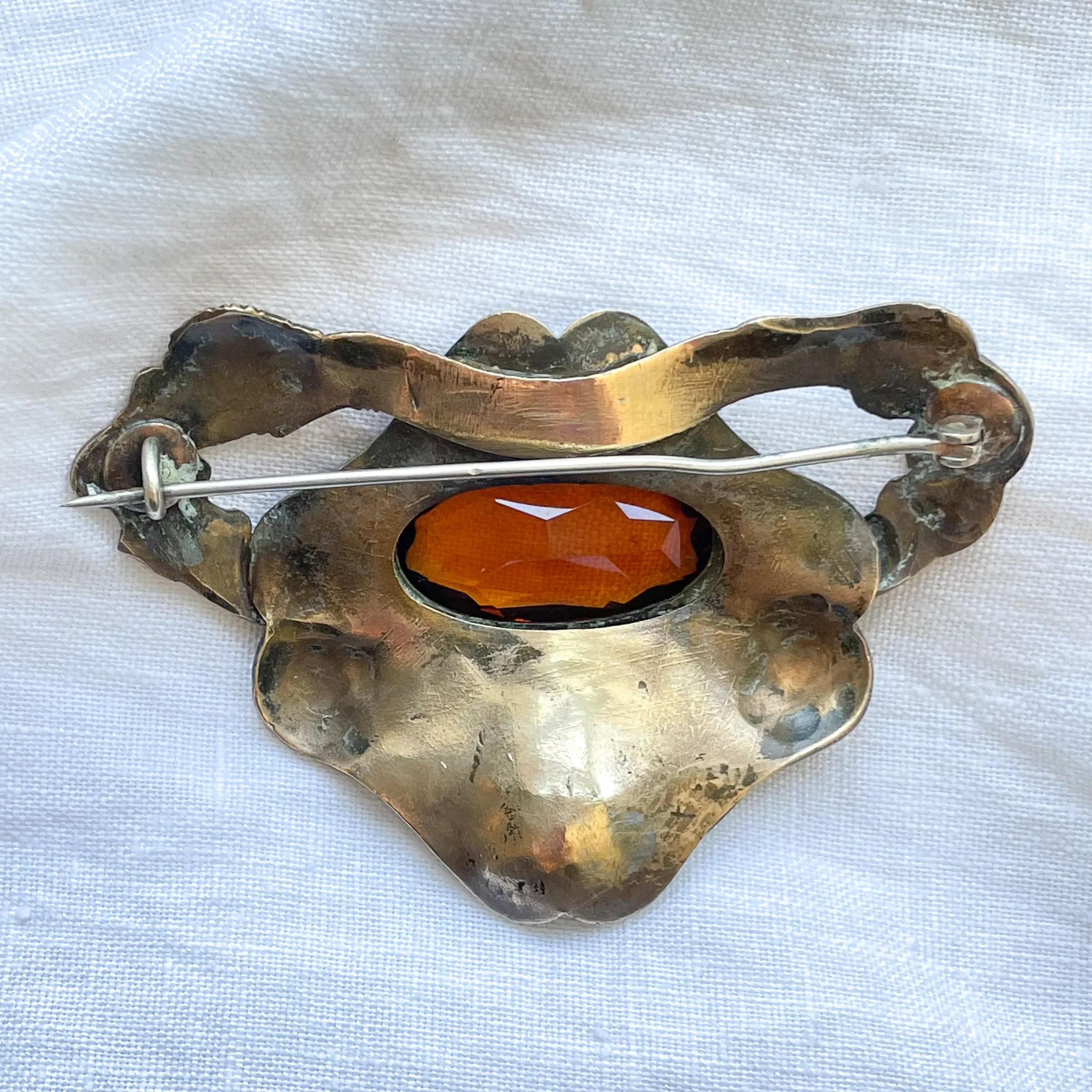 SOLD Vintage Large Art Nouveau Brooch Lion/Snake Glass Topaz Stone