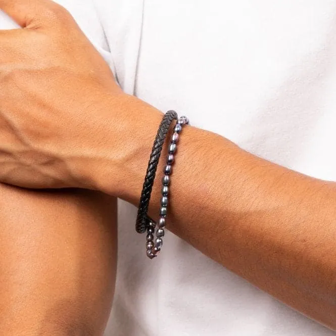 Stainless Steel Peacock Freshwater Pearl And Black Leather Bracelet B5453