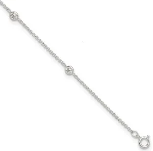 Sterling Silver CZ Station Anklet 9.75in Plus 1in ext.